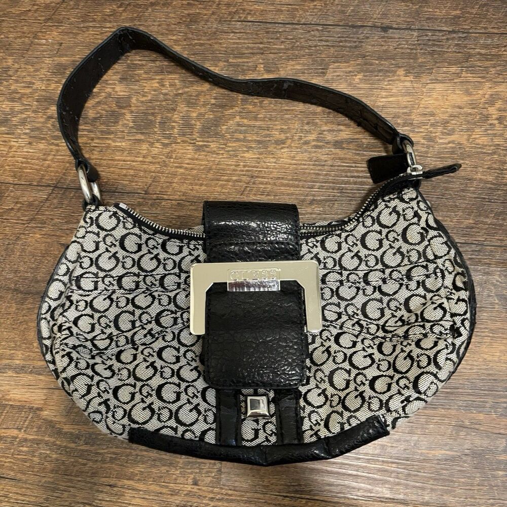 Vintage Y2K GUESS Monogram Canvas Handbag Silver Hardware DAMAGED